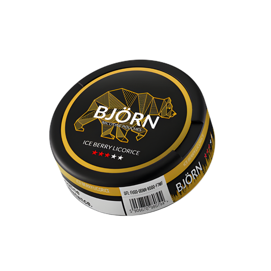 Side view of the round black and gold snus can featuring a logo design on a white background