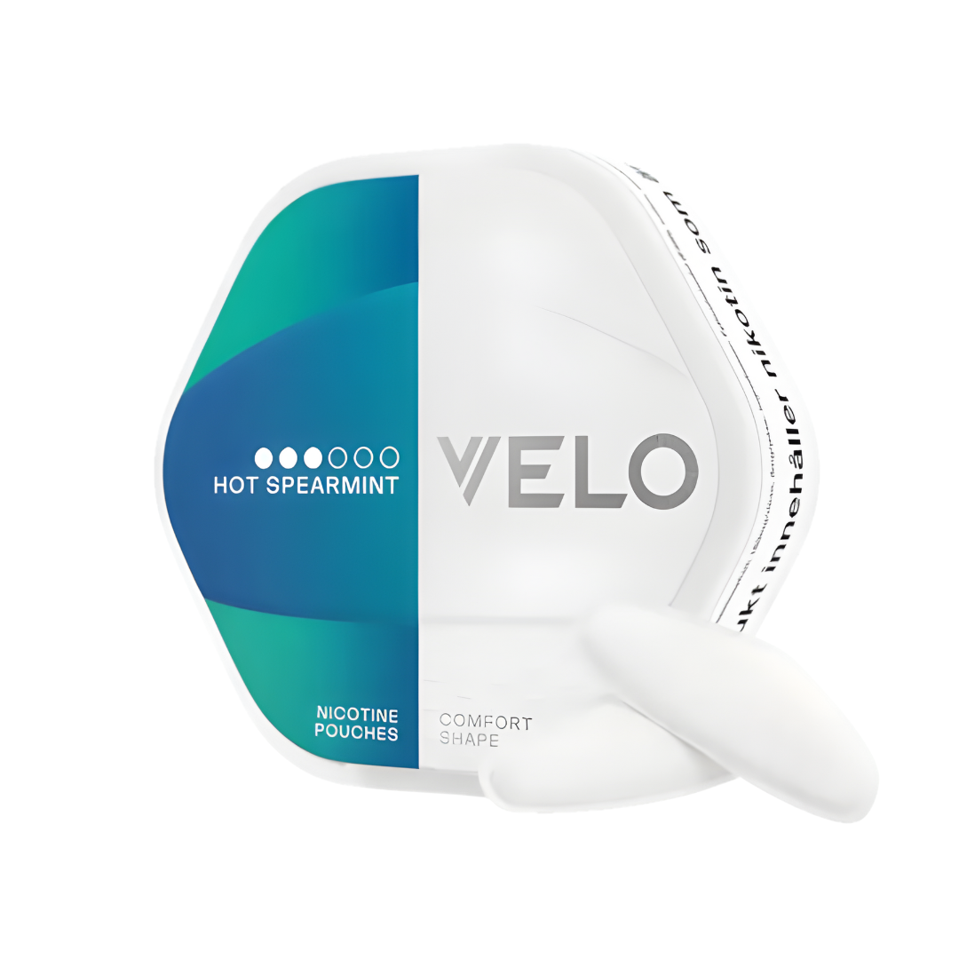 Front view of the sealed hexagonal container of white nicotine pouches with teal branding.