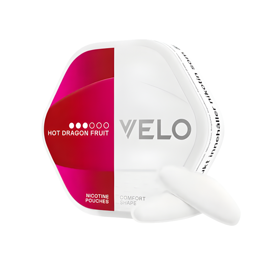 Packaging of VELO Shift Hot Dragonfruit featuring a hexagonal shape in white and pink colors with brand logo.