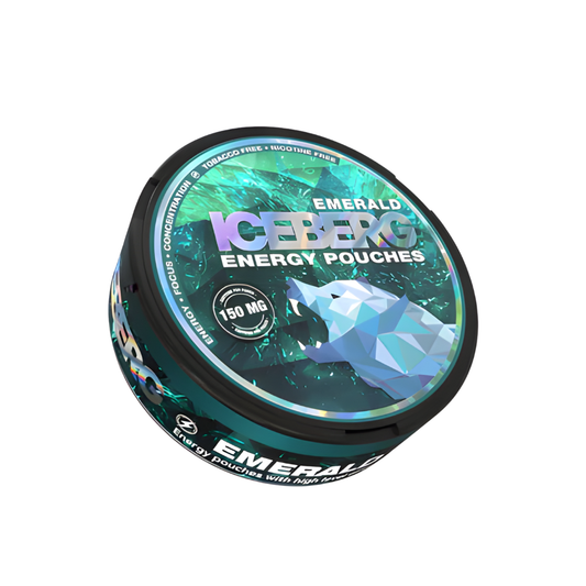 Detail close-up of the Iceberg Energy Emerald pouch in a circular container with blue and green graphic design.