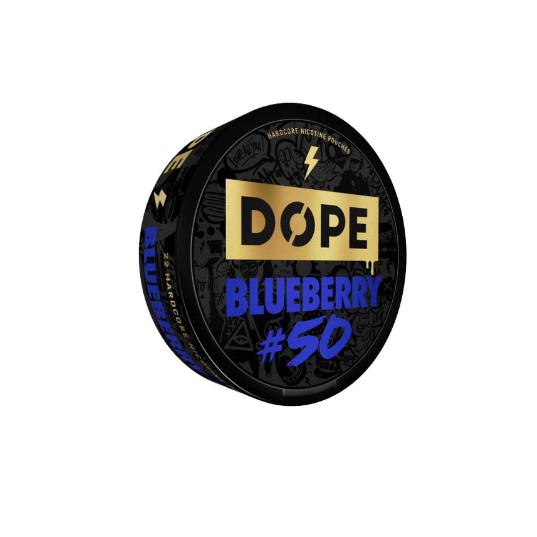 Detail close-up of the circular snus can featuring blueberry flavor, black and gold colors.