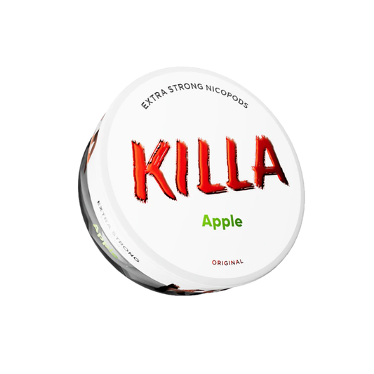 Detail close-up of a circular snus can featuring apple flavor with bold text in white, red, and green colors.