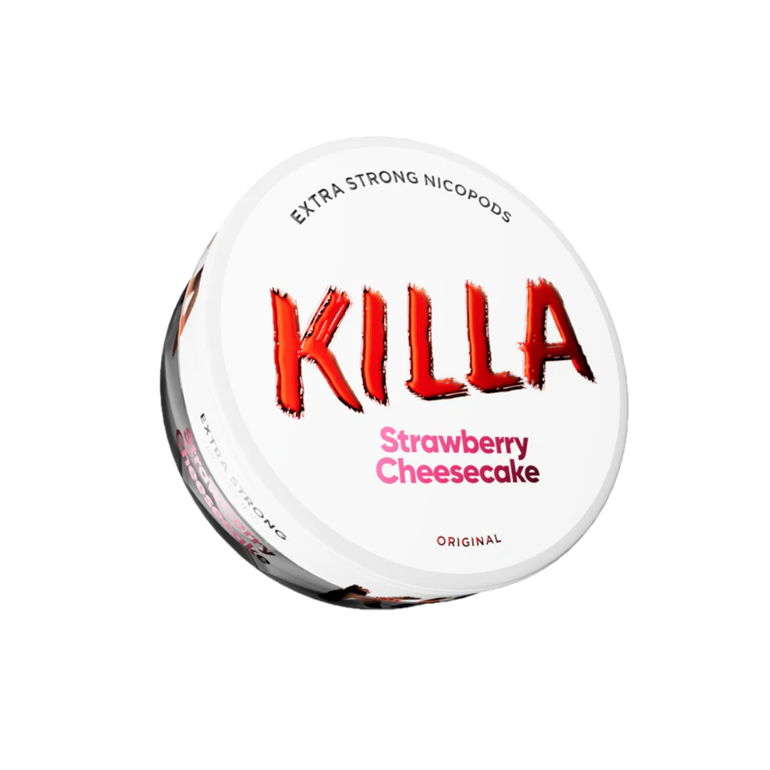 Detail close-up of a round snus can featuring bold text, strawberry flavor, in red and white colors.