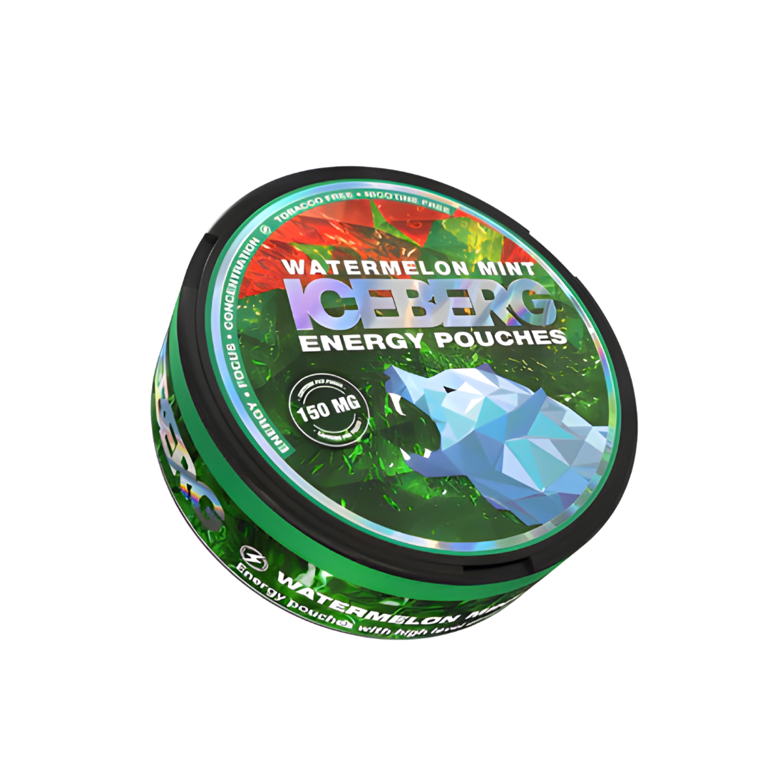 Detail close-up of colorful Iceberg Energy Watermelon Mint packaging featuring a polar bear graphic.