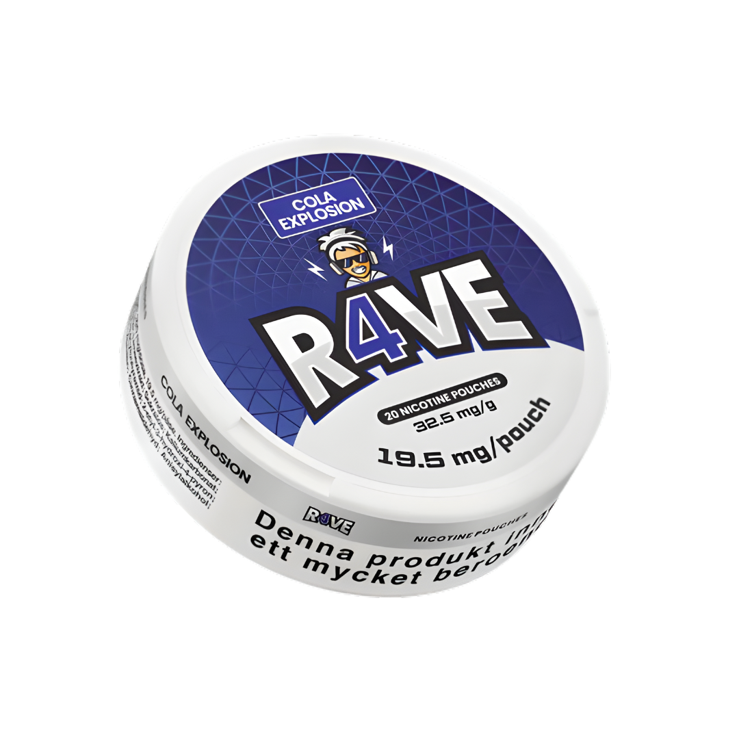 Detail close-up of the round Rave Cola Explosion snus can in blue and white featuring brand logo and label text