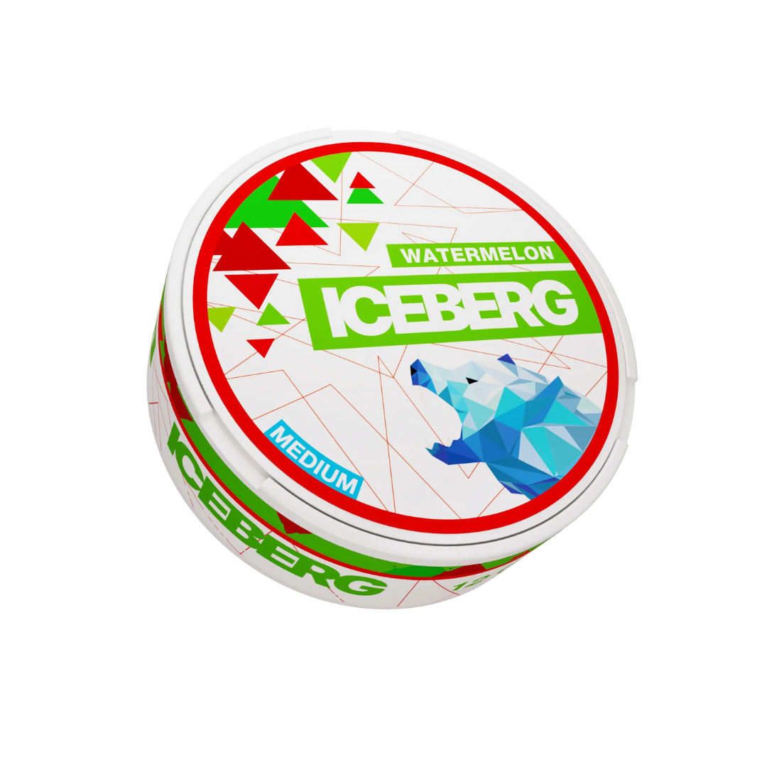Front view of the Iceberg Watermelon snus packaging featuring a polar bear graphic and red-green triangular patterns.