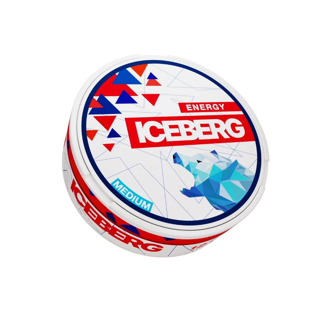 Front view of the white and red snus can featuring a polar bear graphic and triangular pattern.
