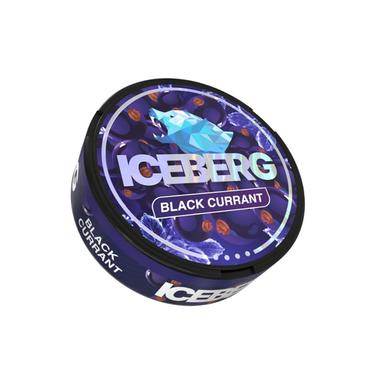 Detail close-up of the Iceberg Black Currant nicotine pouch can featuring a circular tin and vibrant graphic design.