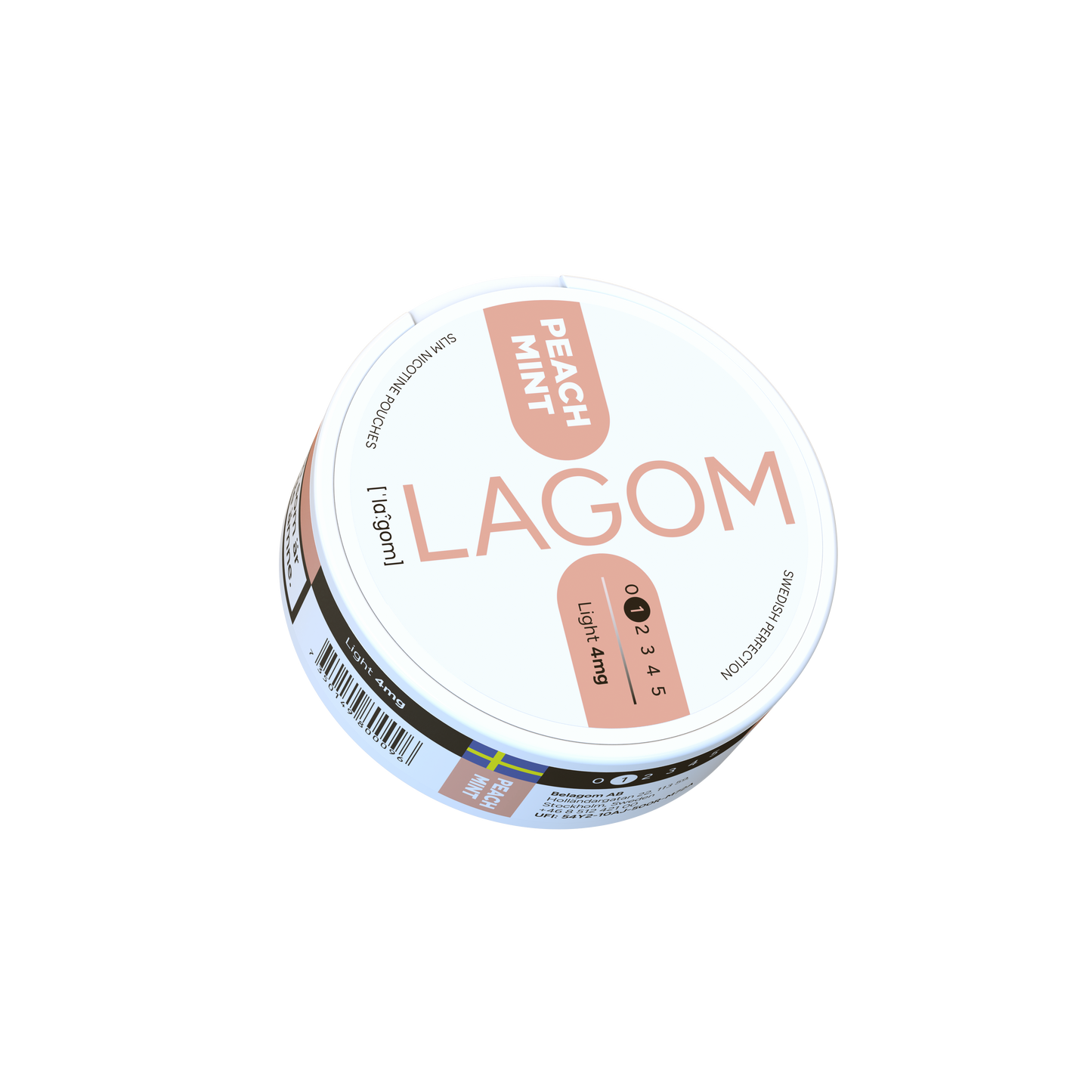 Detail close-up of Lagom Peach Mint container showcasing a round design in white, peach, and mint colors.