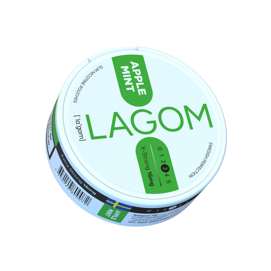 Detail close-up of the Lagom Apple Mint nicotine pouch in a circular container with a minimalist design, featuring green c…