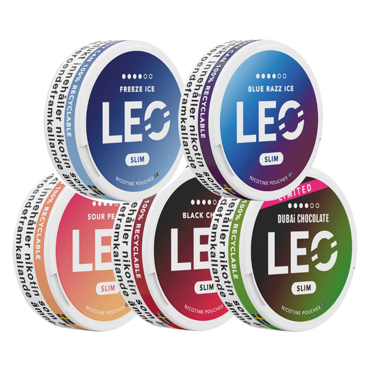 Front view of various flavored LEO cans in blue, pink, green, and orange on a white background