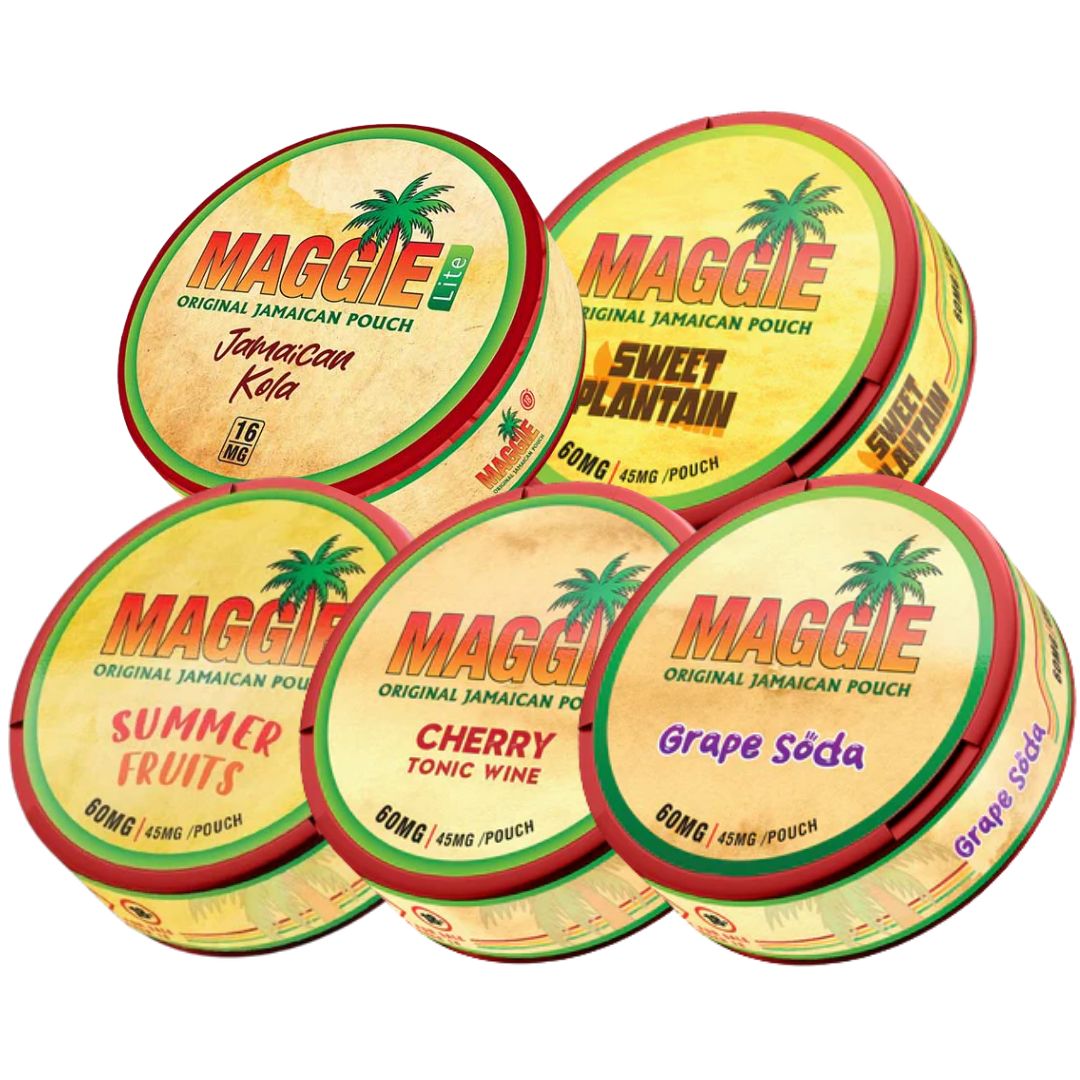 Packaging shot of Maggie Mixpack featuring colorful labels, circular containers, and a variety of tropical flavors.