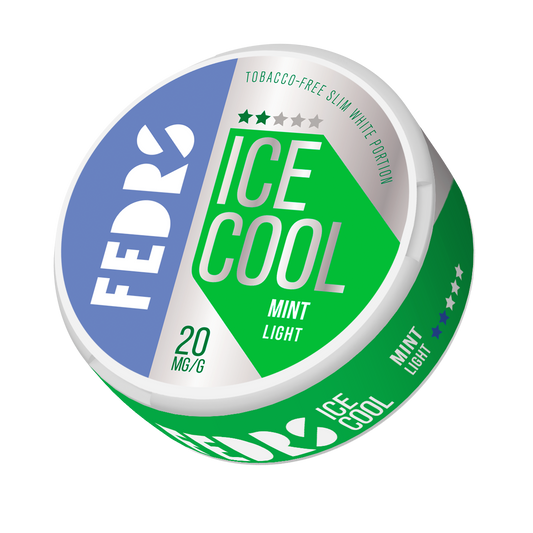 Detail close-up of the round mint flavor can featuring ice cool branding in blue, green, and white.