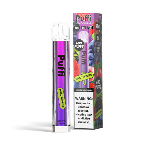 Packaging of Puffi Berries Vape featuring colorful design elements in purple, black, and white.