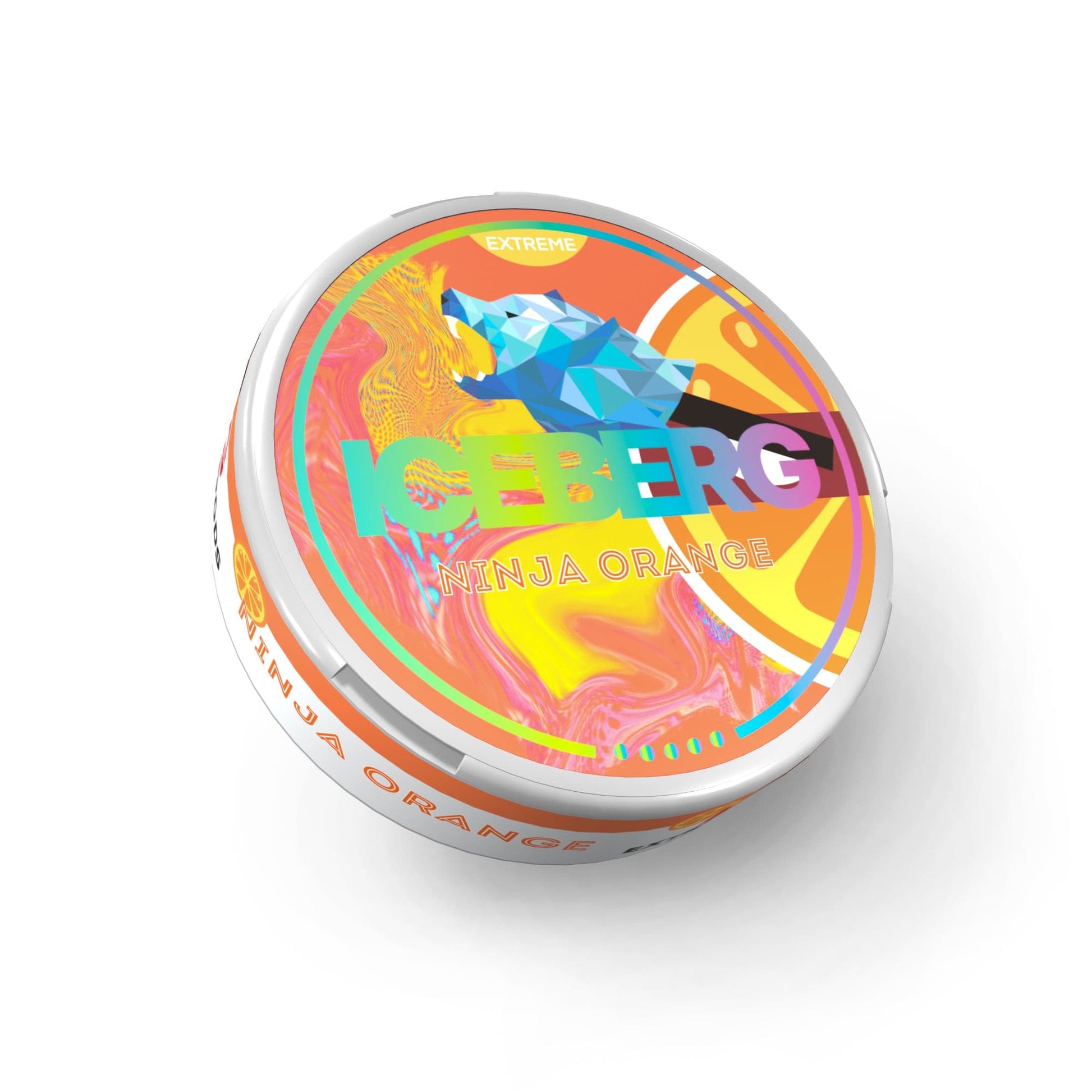 Detail close-up of the colorful tin can featuring vibrant orange, blue, and yellow design with illustration on lid