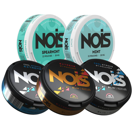 Packaging shot of colorful nicotine pouches in circular cans with mint flavors on a white background.