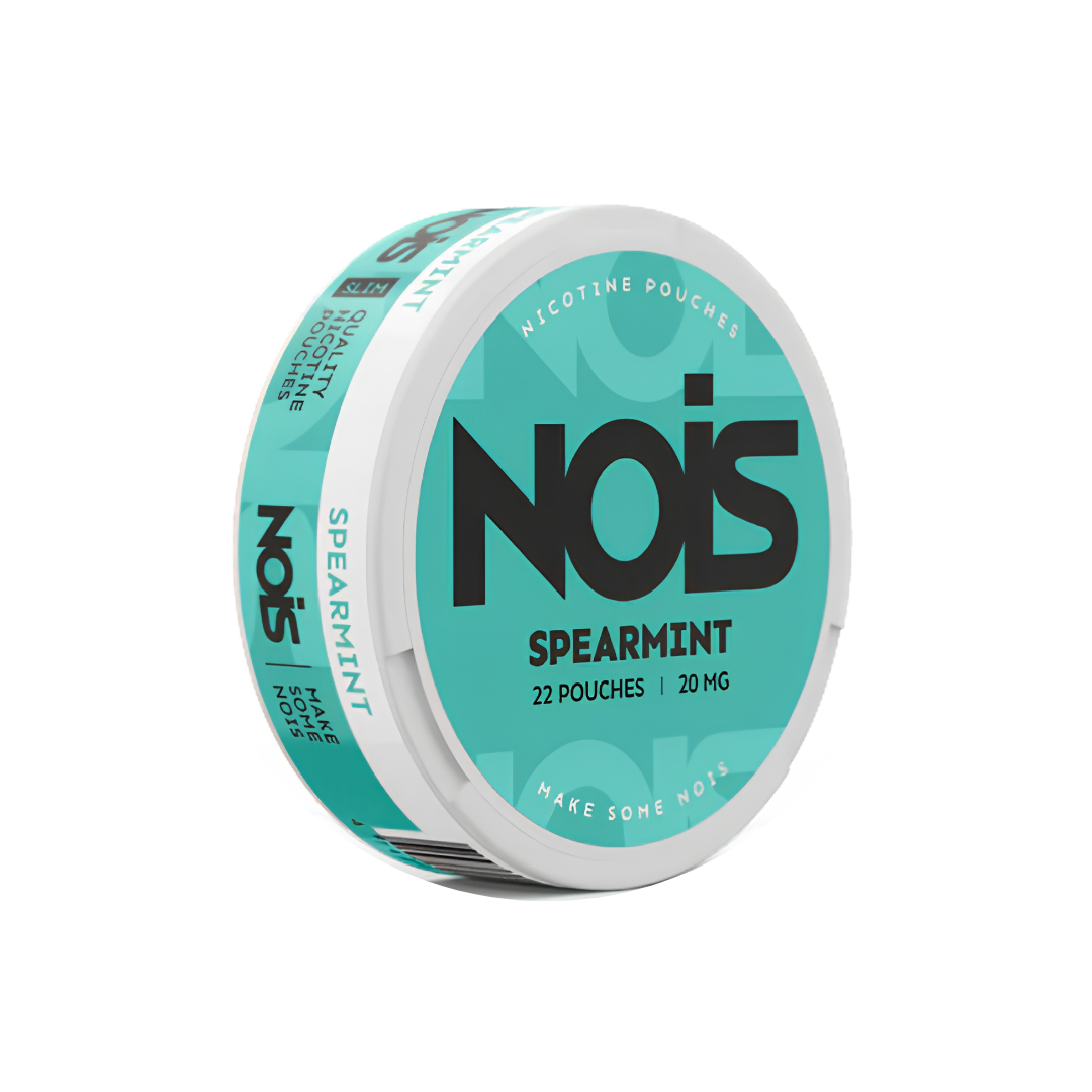Detail close-up of Nois Spearmint Snus packaging featuring turquoise and white colors with a circular container.
