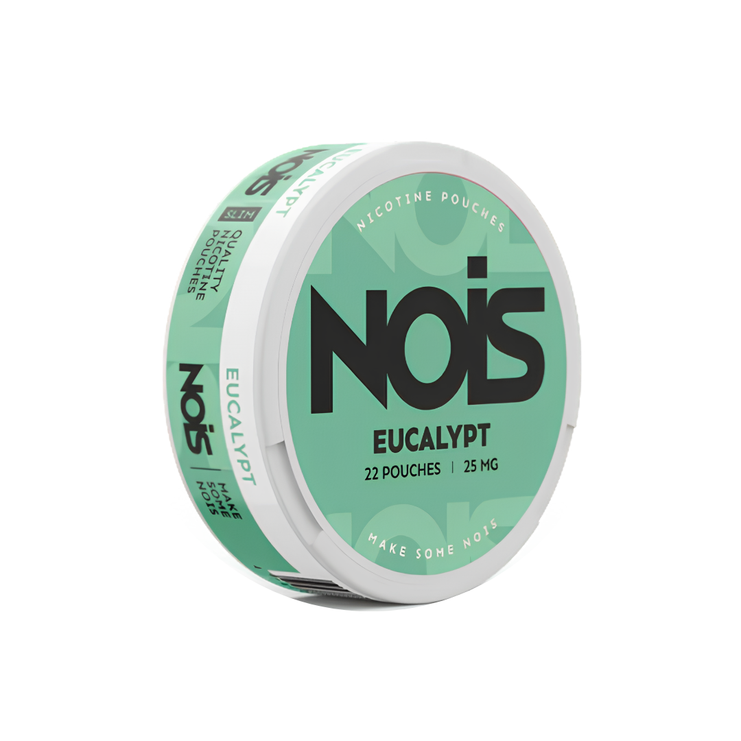 Detail close-up of Nois Eucalyptus nicotine pouch packaging in mint and white colors with a bold logo.