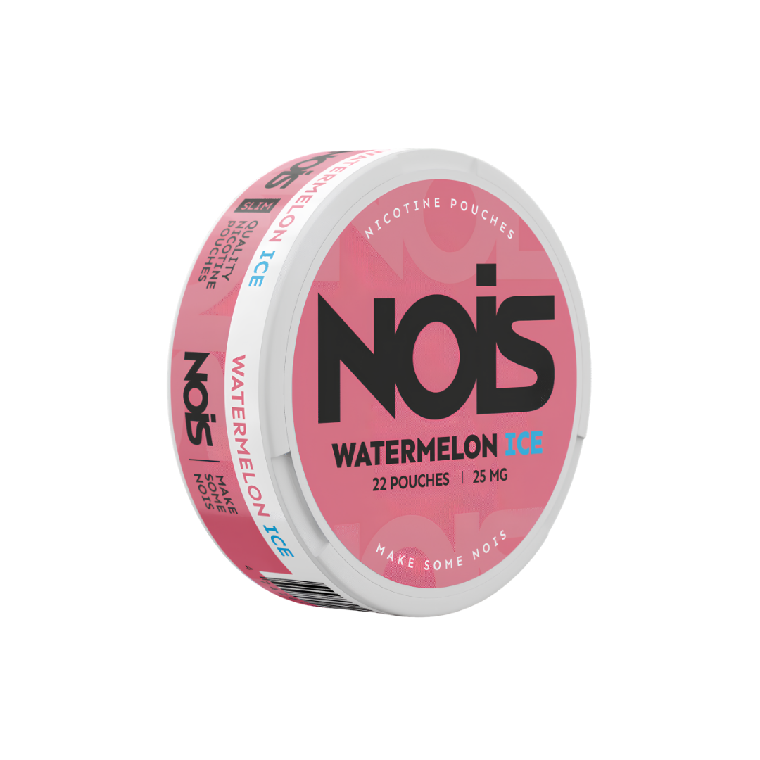Front view of NOIS Watermelon pouch with pink and white design on a white background.