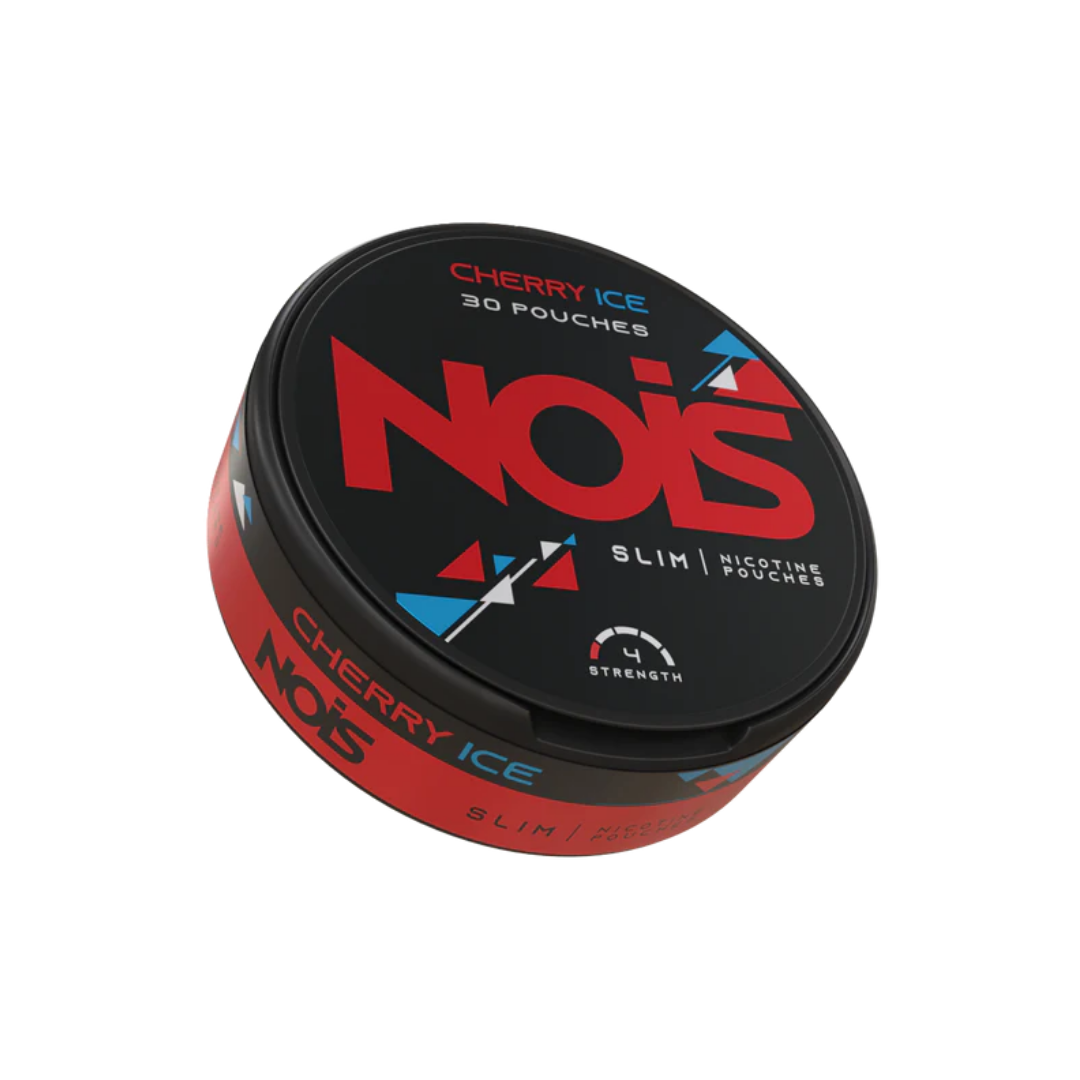 Front view of the NOIS black tobacco round tin with black and red graphic design.