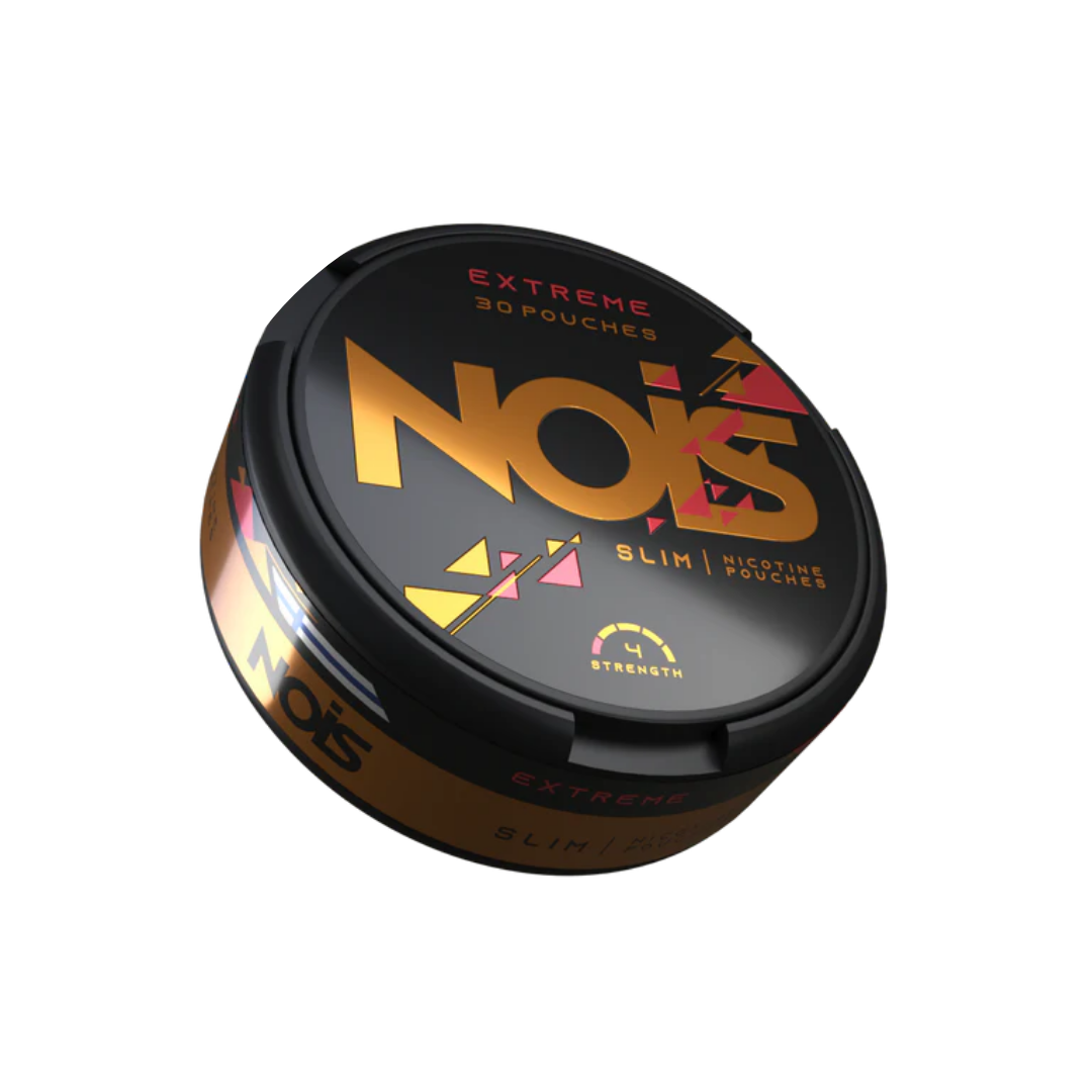 Side view of Nois Extreme 4mg pouch with colorful black, gold, and pink design.