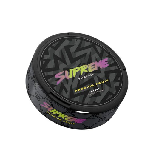Circular container of Supreme Passion Fruit Snus in black, purple, and yellow with graphic design on a white background.