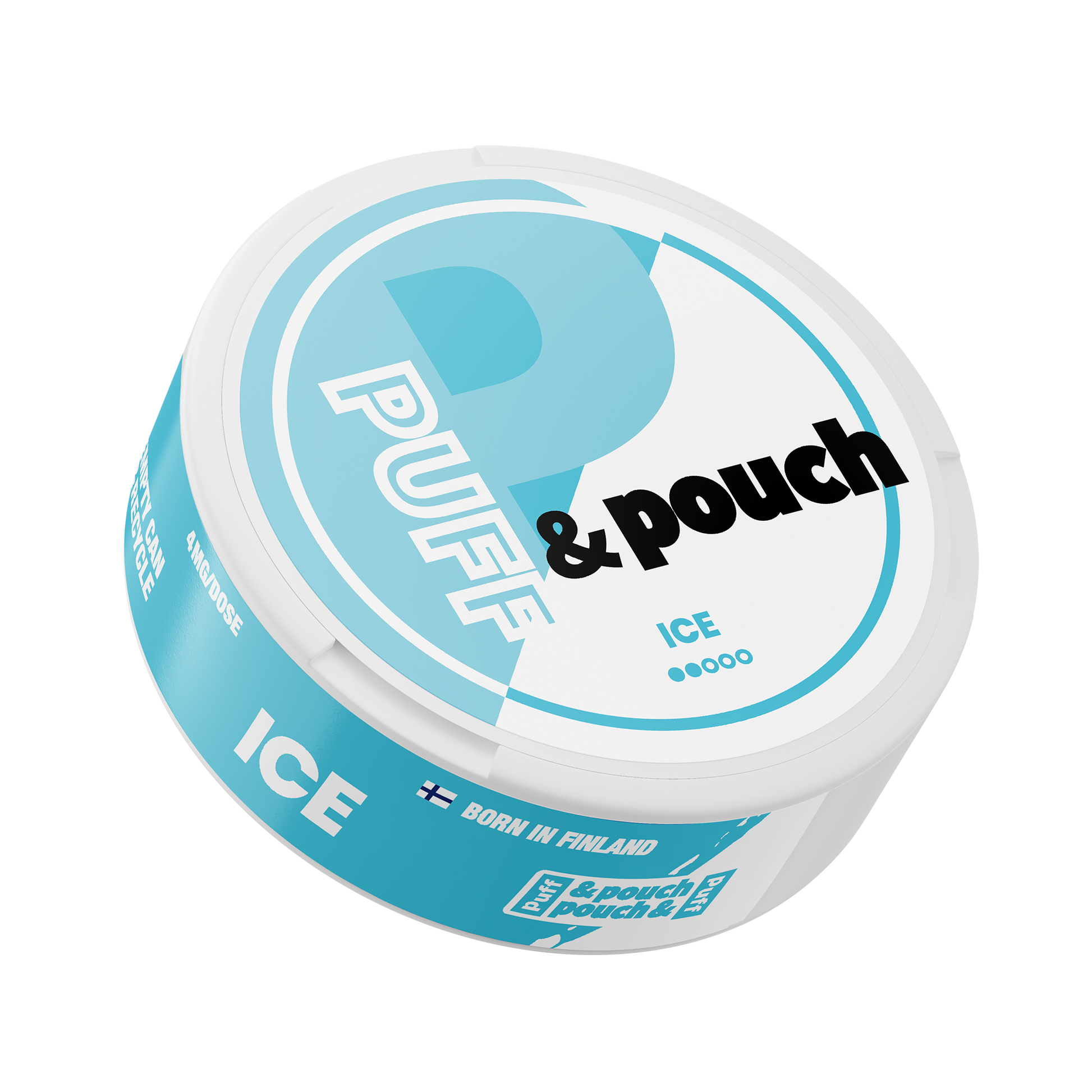 Front view of the Puff Pouch Ice 4mg in a circular container featuring a blue and white label design.