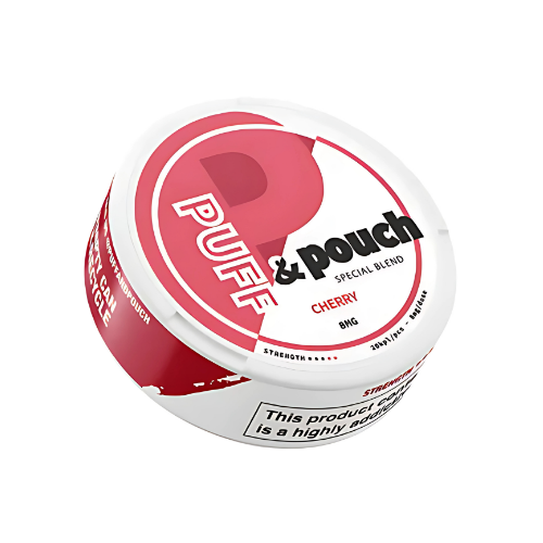 Front view of the Puff & Pouch Cherry container featuring a round design with a peach graphic on a transparent background.