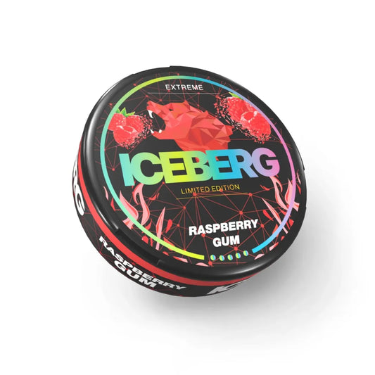 Packaging shot of the Iceberg Raspberry Gum container featuring a colorful design and brand logo.
