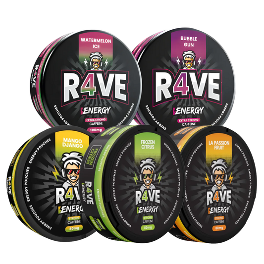 Packaging shot of colorful energy mix cans featuring black, pink, green, and orange labels on a white background.