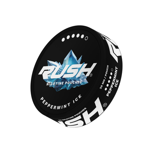 Detail close-up of Rush Peppermint Ice Extreme in a circular container featuring a logo design and flavor label, with blac…