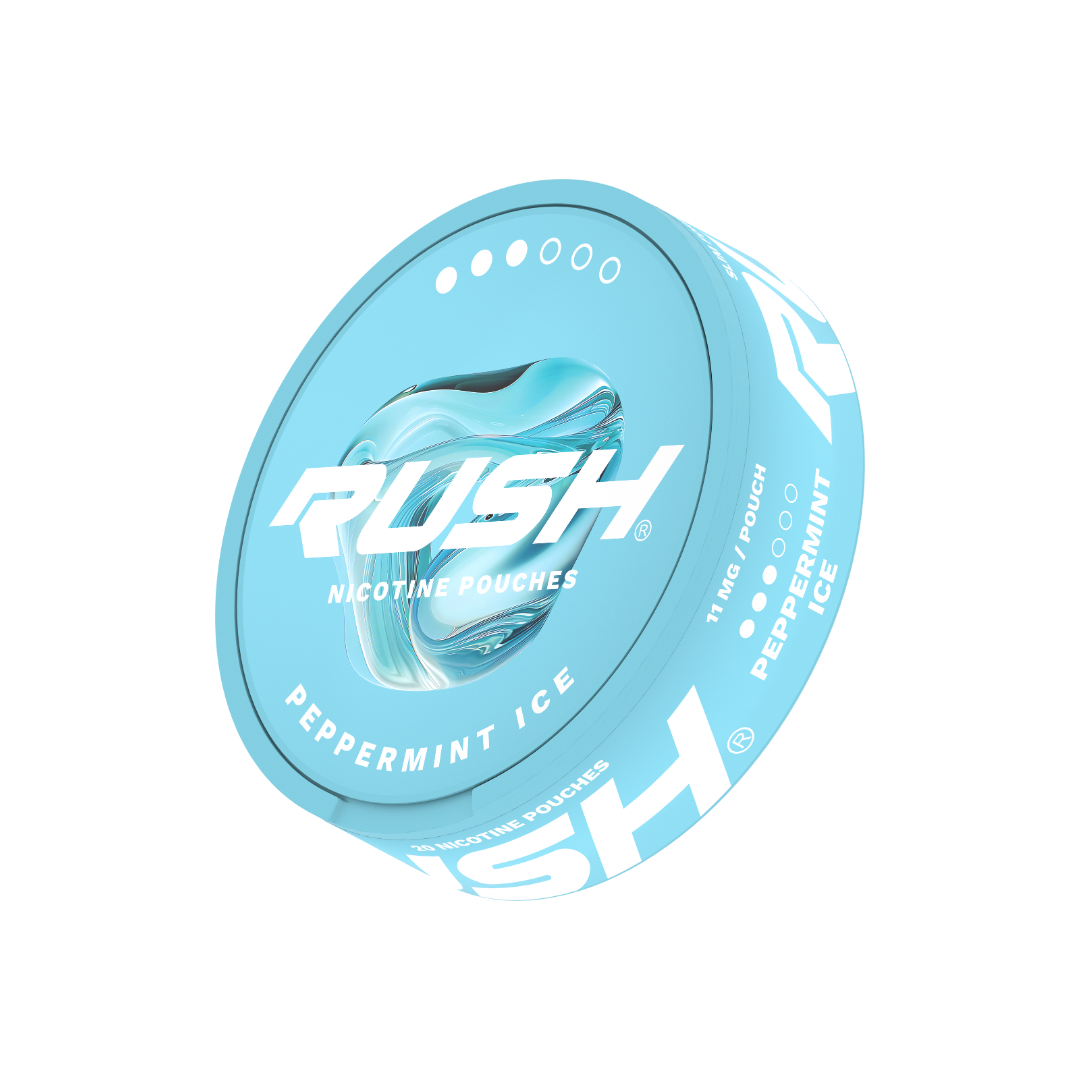 Front view of a round peppermint can featuring a blue and white label design on a white background