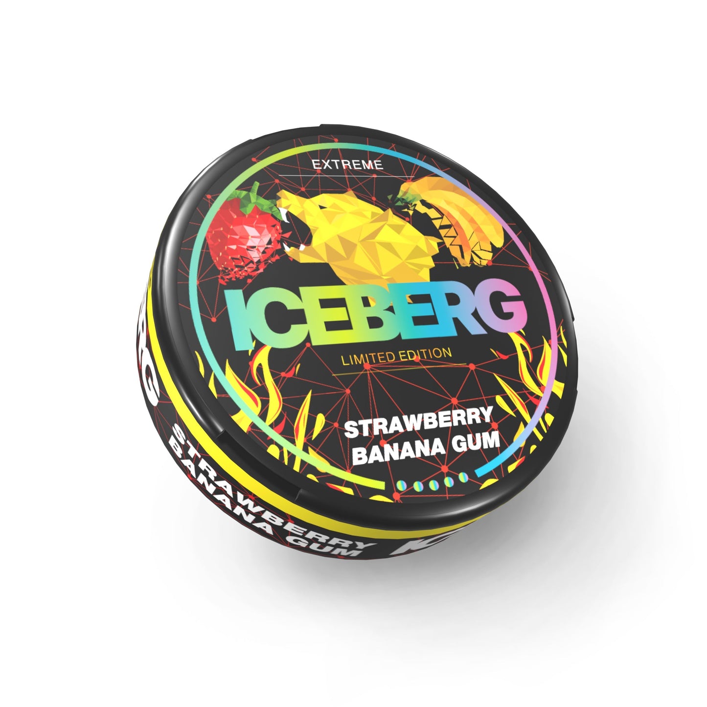 Detail close-up of the colorful circular tin of Iceberg Strawberry Banana Gum featuring fruit illustrations on a white bac…