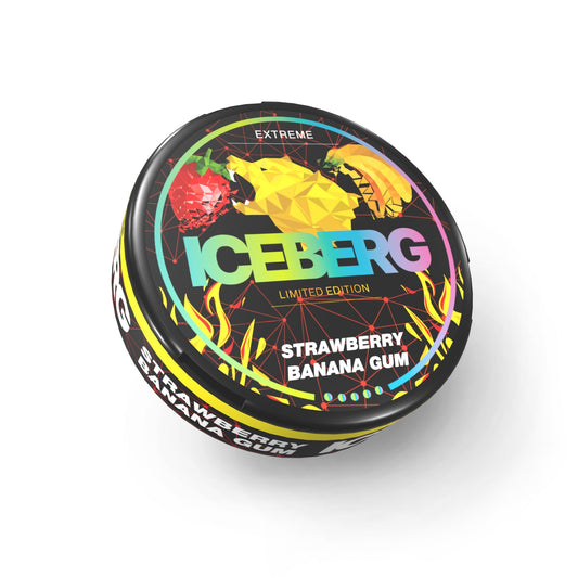 Packaging of Iceberg Strawberry Banana Gum in a round tin with colorful fruit graphics.