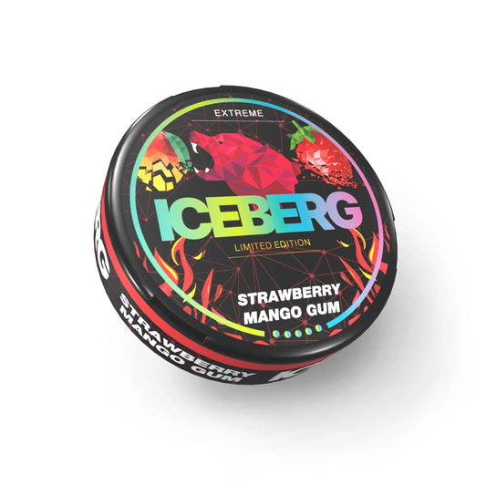 Packaging of Iceberg Strawberry Mango Gum in a colorful circular tin with bright colors and brand logo on a white background.