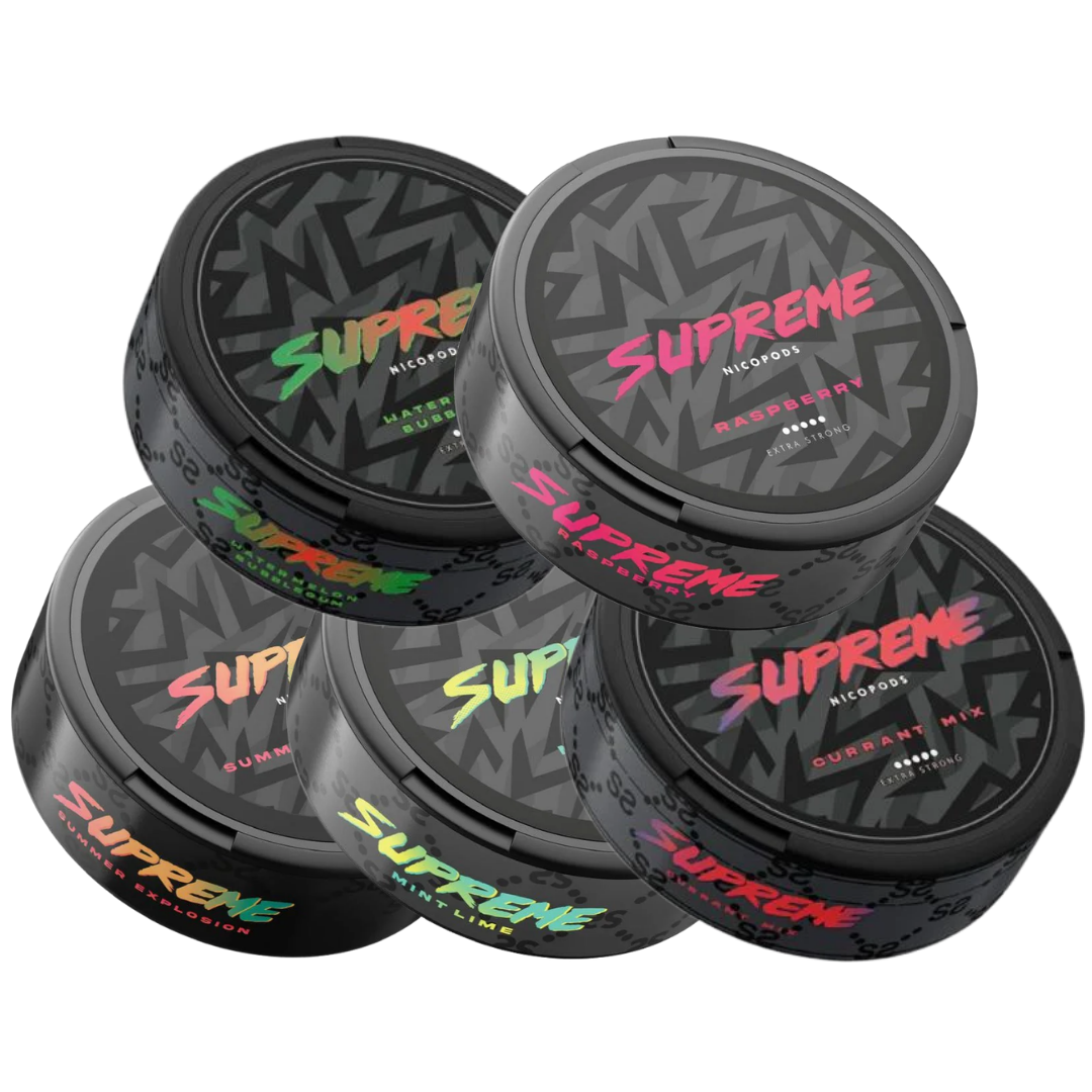 Detail close-up of colorful cans showcasing the Supreme Mixpack flavors with textured lids.
