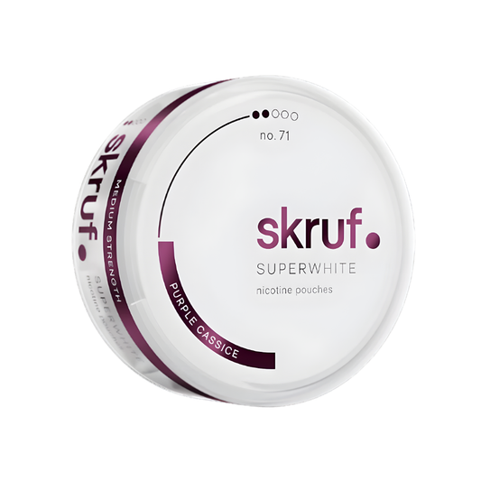 Detail close-up of the round white and purple Skruf Superwhite No. 63 can featuring the brand logo and screw top