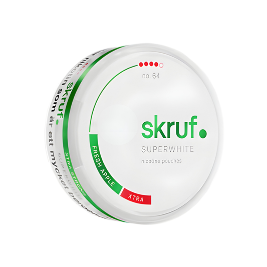 Detail close-up of the white and green Skruf Fresh Apple No. 64 snus can featuring a circular design and brand logo.