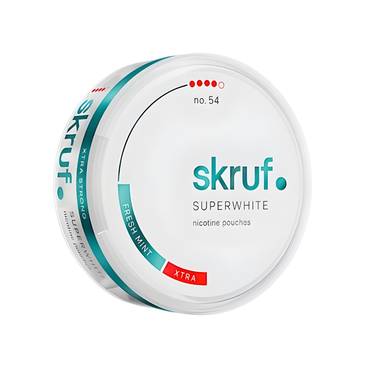 Front view of the white and teal Skruf Superwhite NO.54 Fresh Mint snus can featuring the brand logo and flavor label