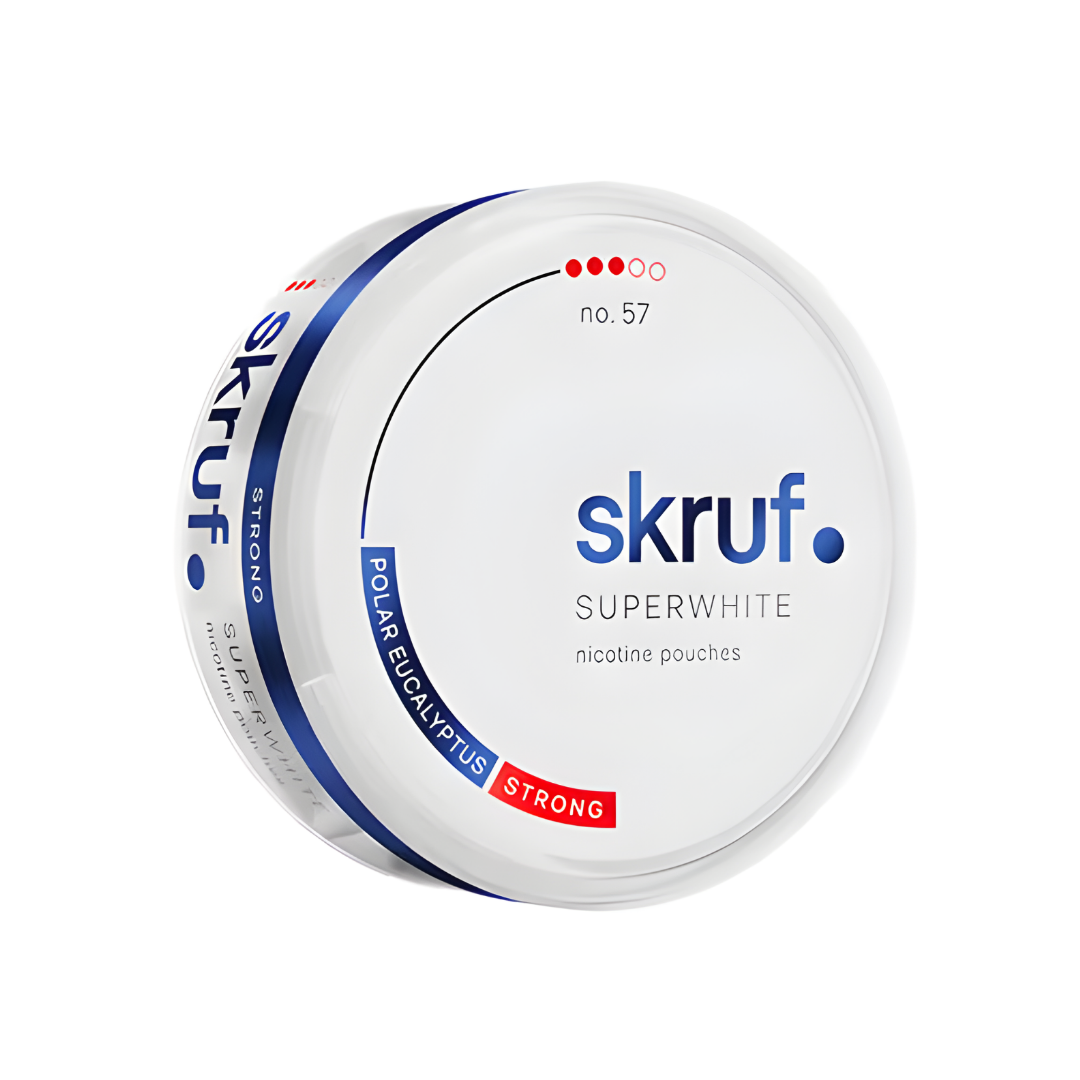 Detail close-up of the circular Skruf Superwhite NO.57 Polar Eucalyptus can featuring a blue and red flavor label on a whi…