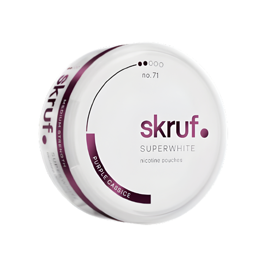 Detail close-up of the white and purple Skruf Purple Cassice No. 71 nicotine pouch can featuring the brand logo.