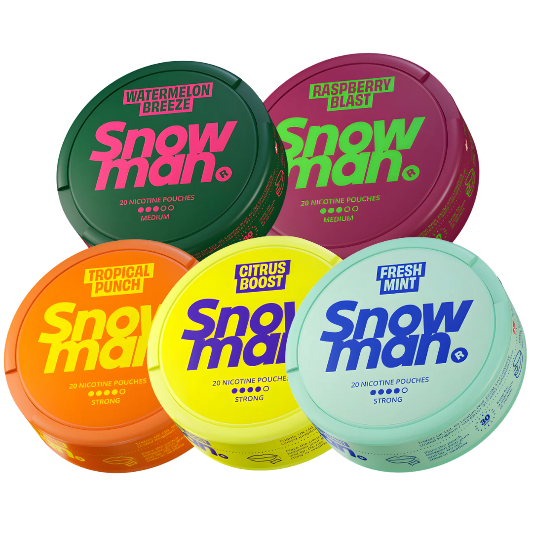 Detail close-up of colorful round containers featuring various flavors of the Snowman Mixpack on a white background.