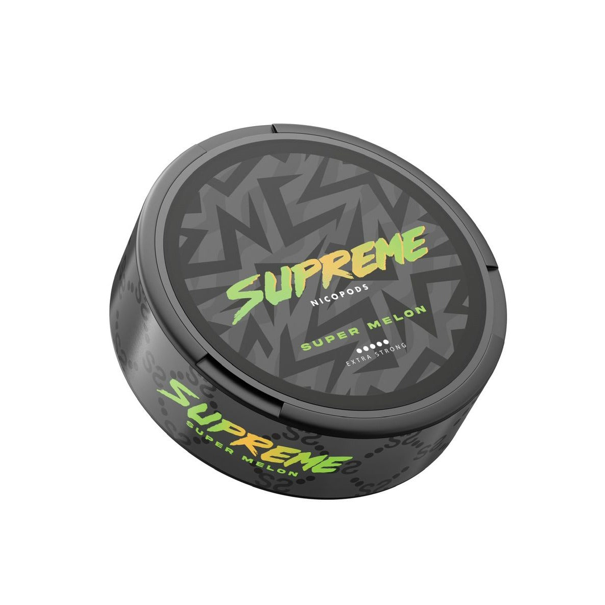 Side view of the circular black and green container with a textured lid and branding, showcasing the Super Melon flavor.