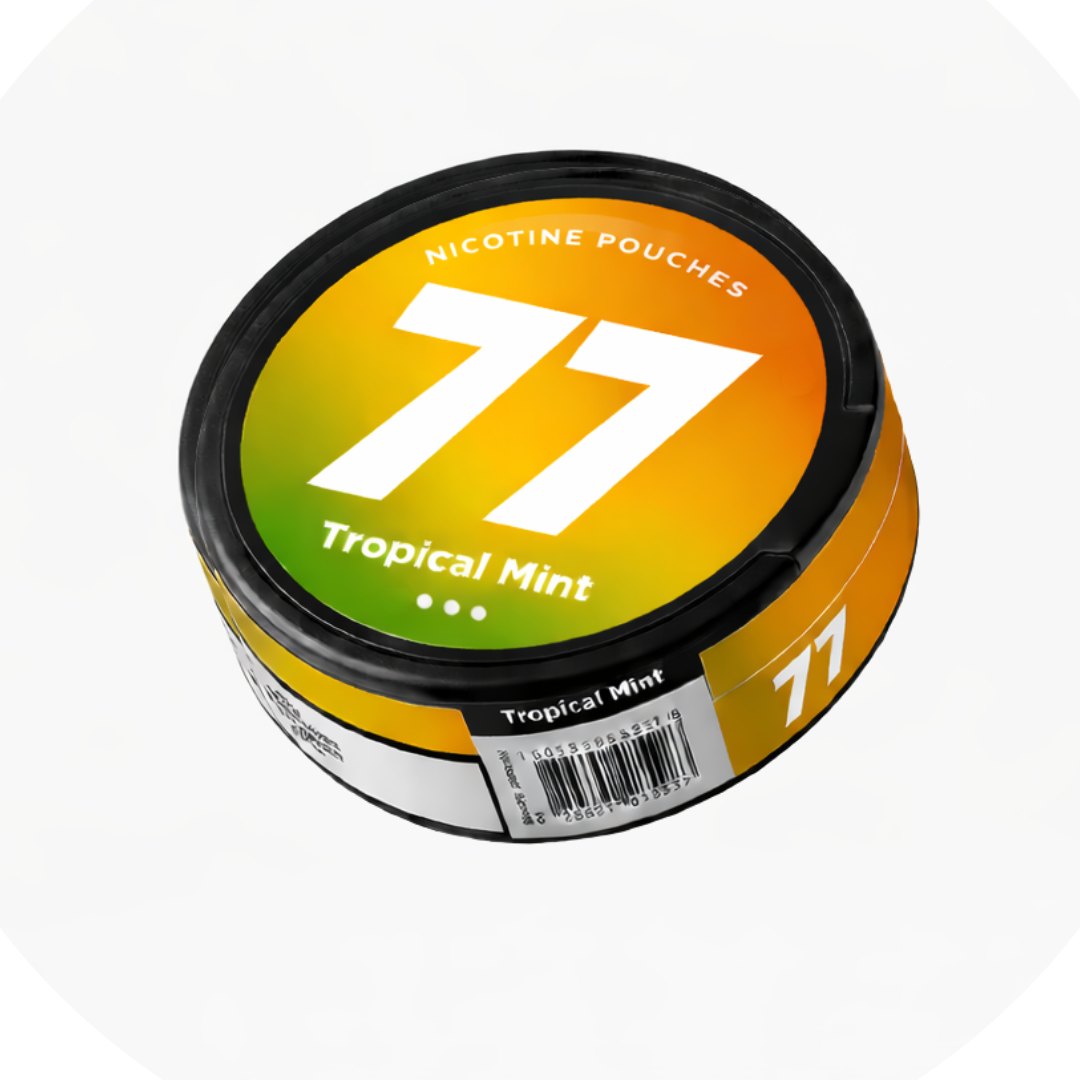 Front view of a circular can featuring the number 77, in green, yellow, and black colors on a white background.