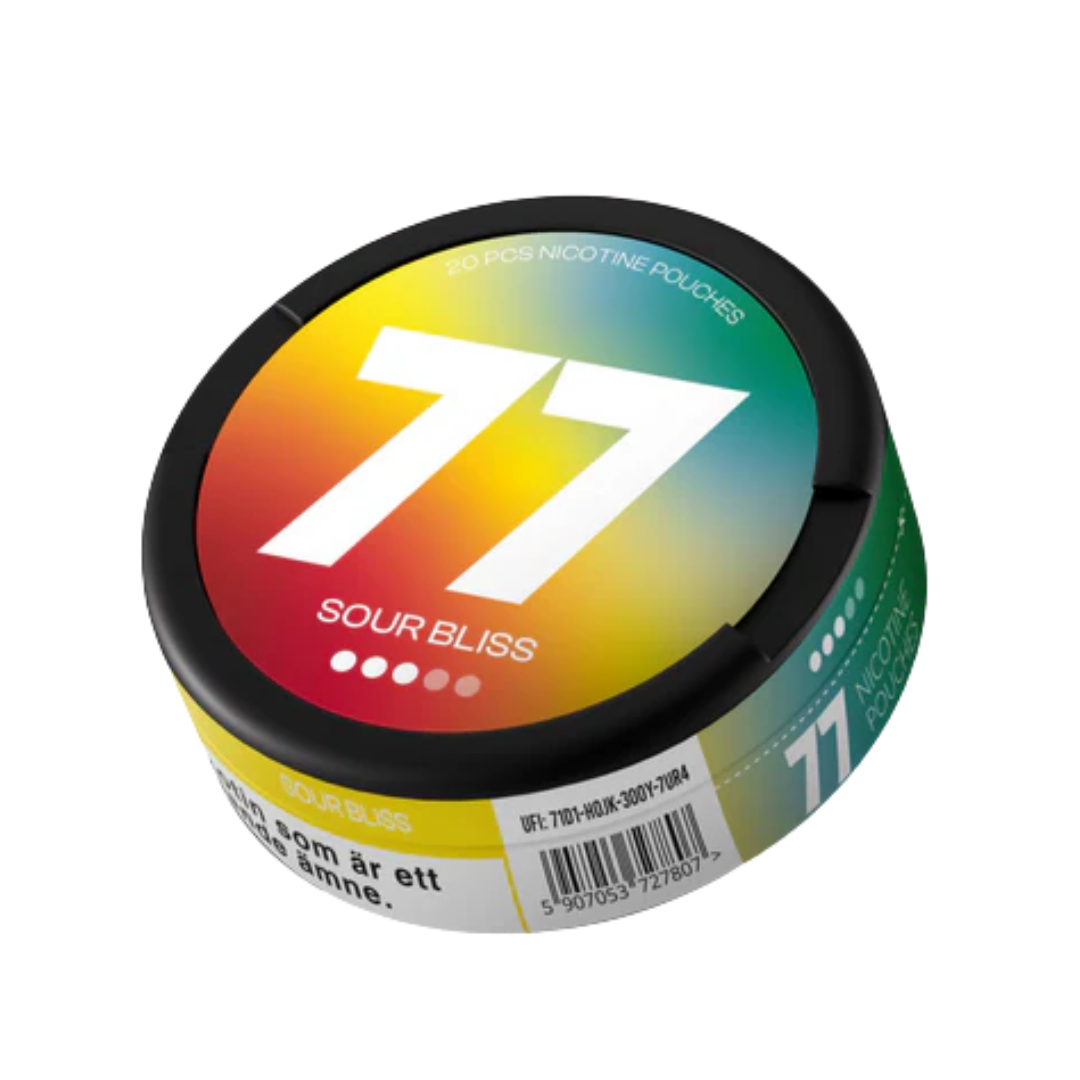 Detail close-up of a colorful can featuring the number 77 in a gradient design with red, yellow, green, and blue colors.