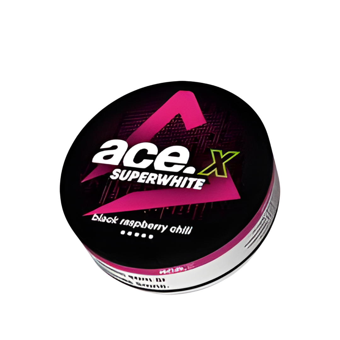Detail close-up of the Raspberry & Chilli nicotine pouch packaging featuring a bold logo and round container.