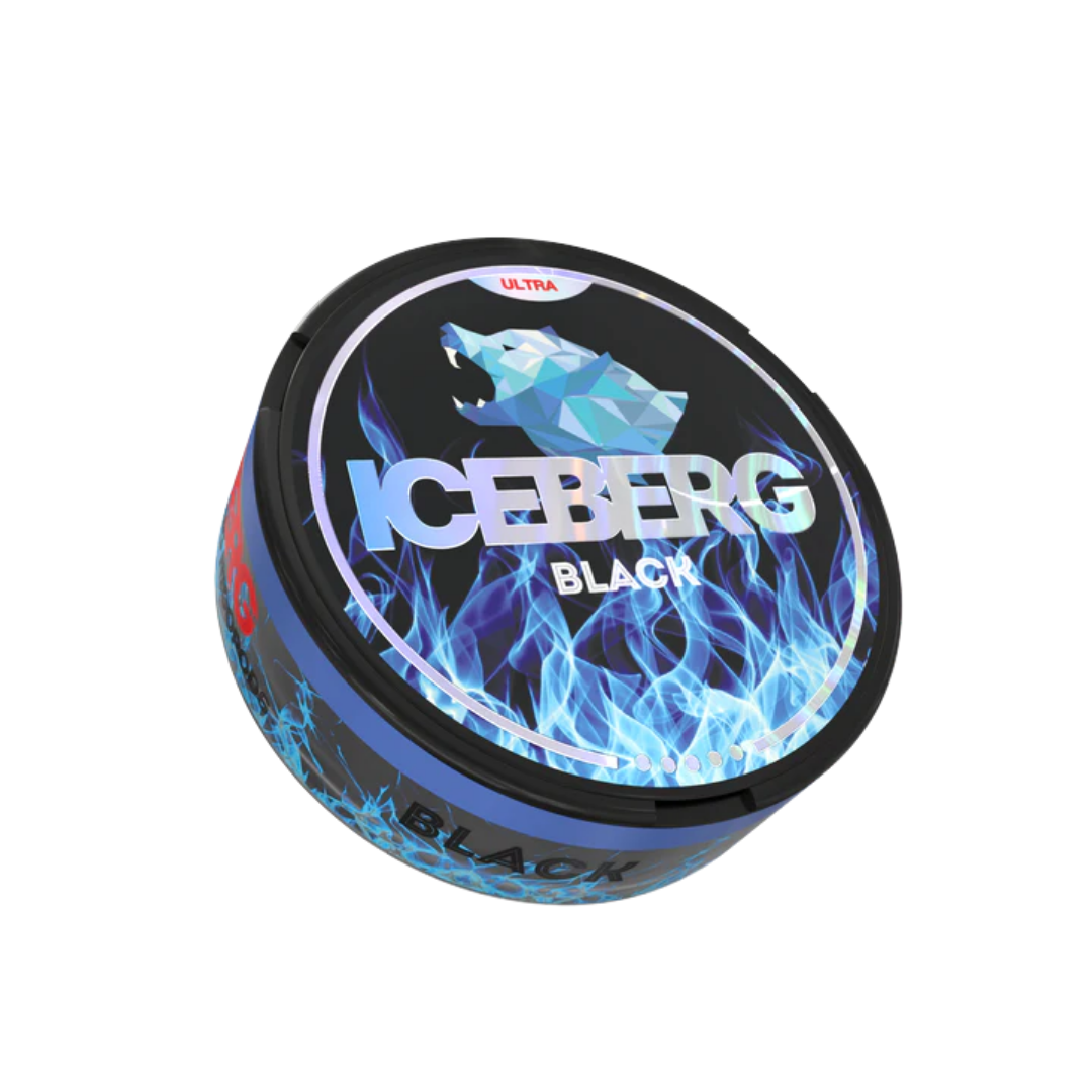 Front view of Iceberg Black nicotine pouch tin featuring a blue and black flame design.