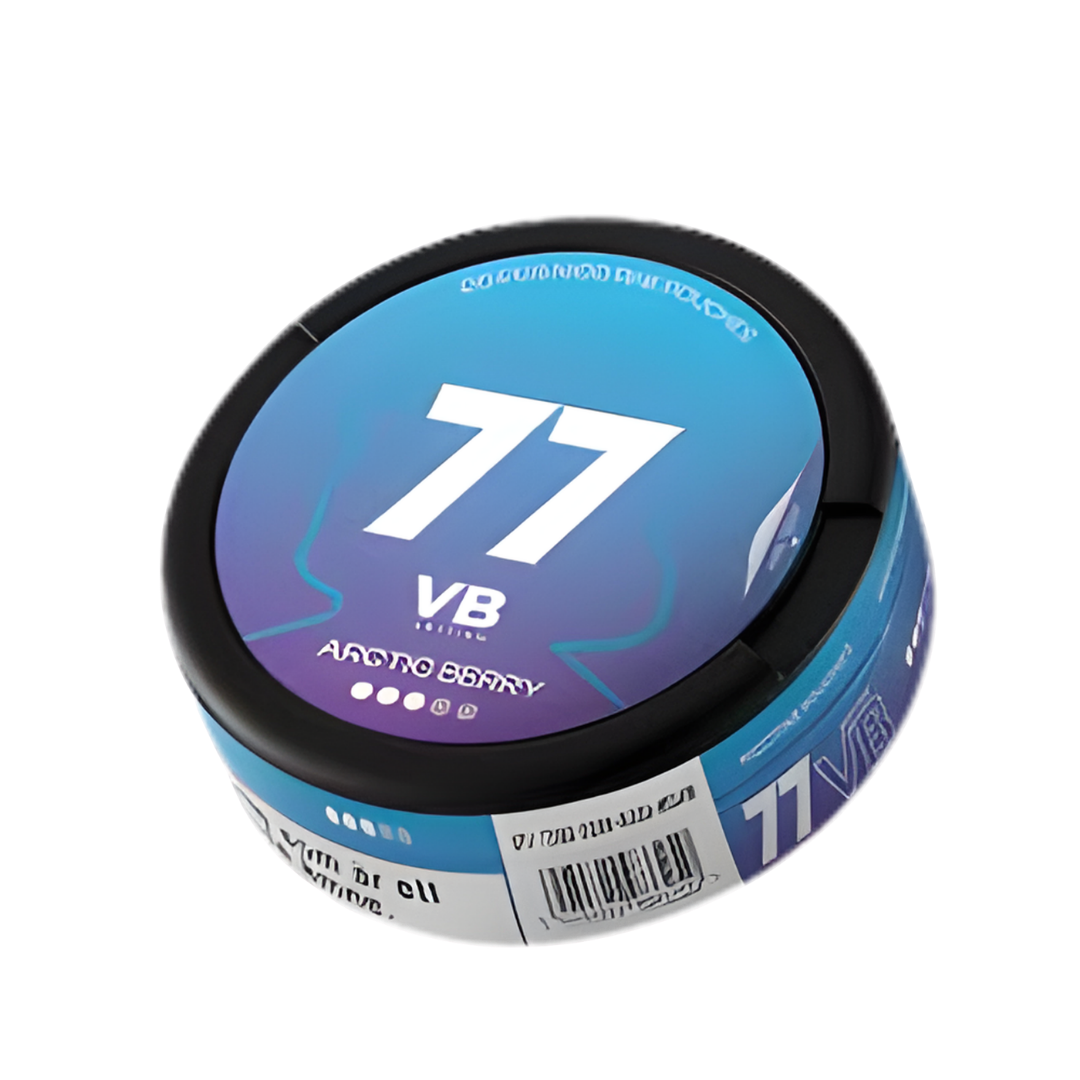 Detail close-up of the round blue and purple snus can featuring a screw top and label.