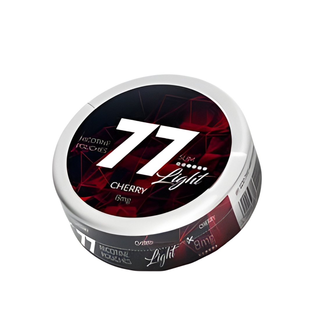 Detail close-up of the circular black can featuring red and white graphics with the number 77