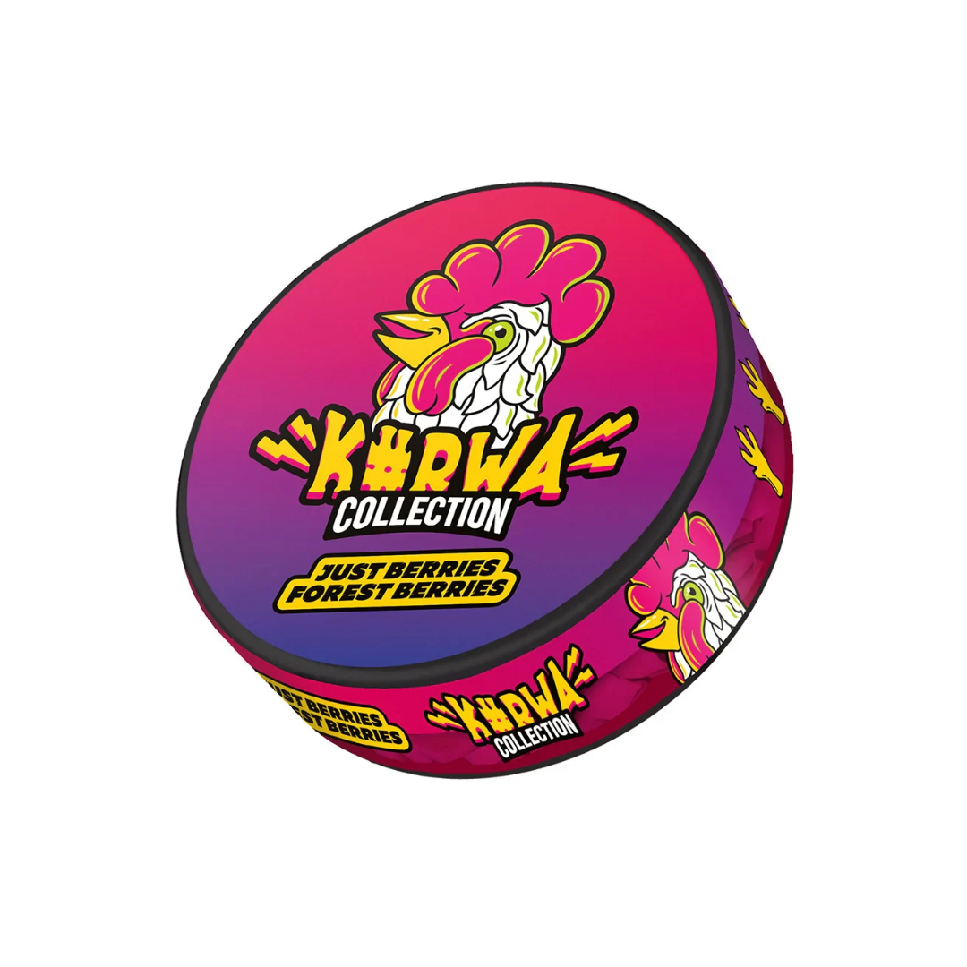 Front view of Kurwa Just Berries Snus container with pink, purple, and yellow graphic design.